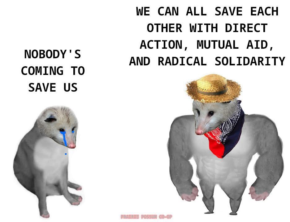 smol vs thicc doge meme but it’s a crying possum and a buff possum wearing a straw hat and black and red bandana 

first one says NOBODYS COMING TO SAVE US

second one says WE CAN ALL SAVE EACH OTHER WITH DIRECT ACTION, MUTUAL AID, AND RADICAL SOLIDARITY

shared from prairie possum co-op https://www.facebook.com/share/1526Ec8RY7/?mibextid=wwXIfr
