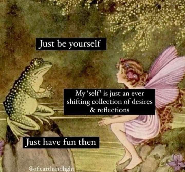 artwork of a frog giving advice to a fairy fwog : Just be yourself fairy: My 'self' is just an ever shifting collection of desires & reflections frog: Just have fun then @of.earthandlight