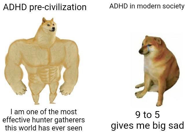 swole chad labeled ADHD pre-civilization says i am one of the most effective hunter gatherers this world has ever seen

baby doge labeled ADHD in modern society says 9 to 5 gives me big sad