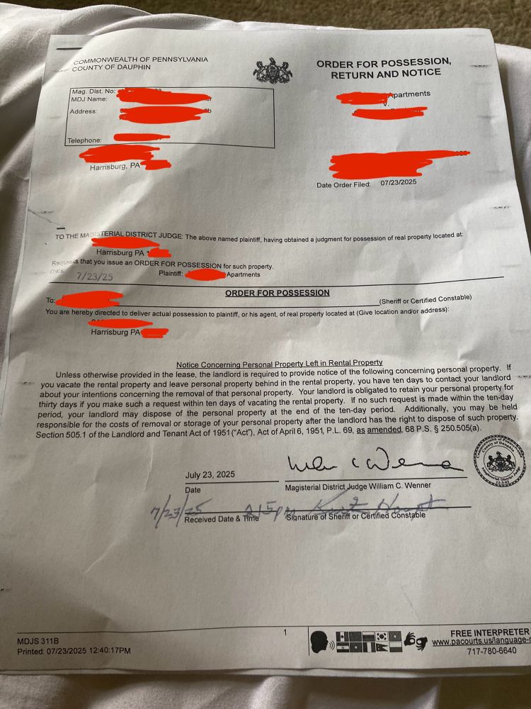 eviction notice “order for possession and return notice” dated july 23 2025 in harrisburg county of dauphin pennsylvania 