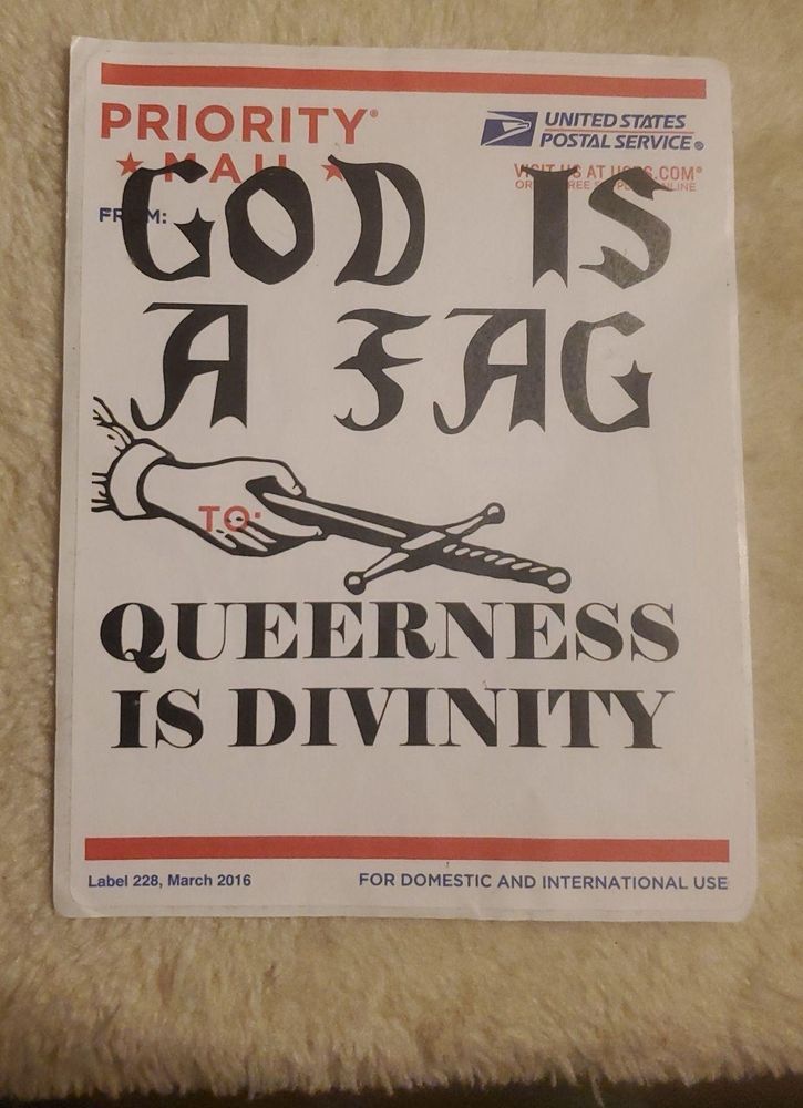 USPS priority mail stickers screen printed with a hand holding a dagger by the blade and text in medieval font GOD IS A FAG QUEERNESS IS DIVINITY

saved this from a philly group chat, trying to figure out who the artist is