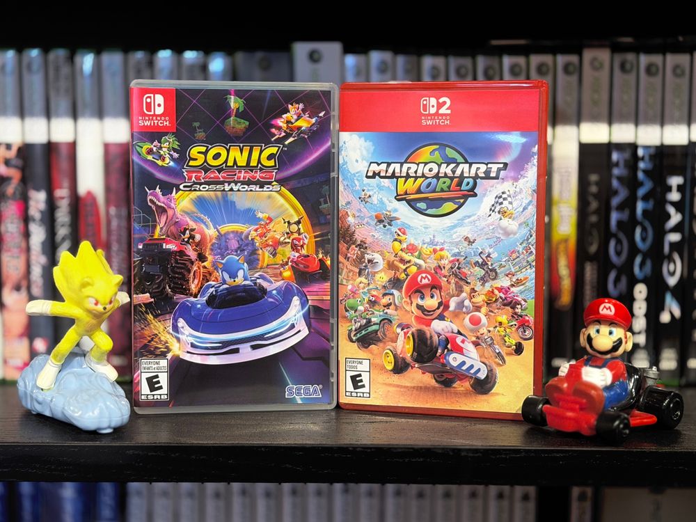 Physical copies of Sonic Racing Crossworlds and Mario Kart World, for Nintendo Switch and Nintendo Switch 2 respectively. 