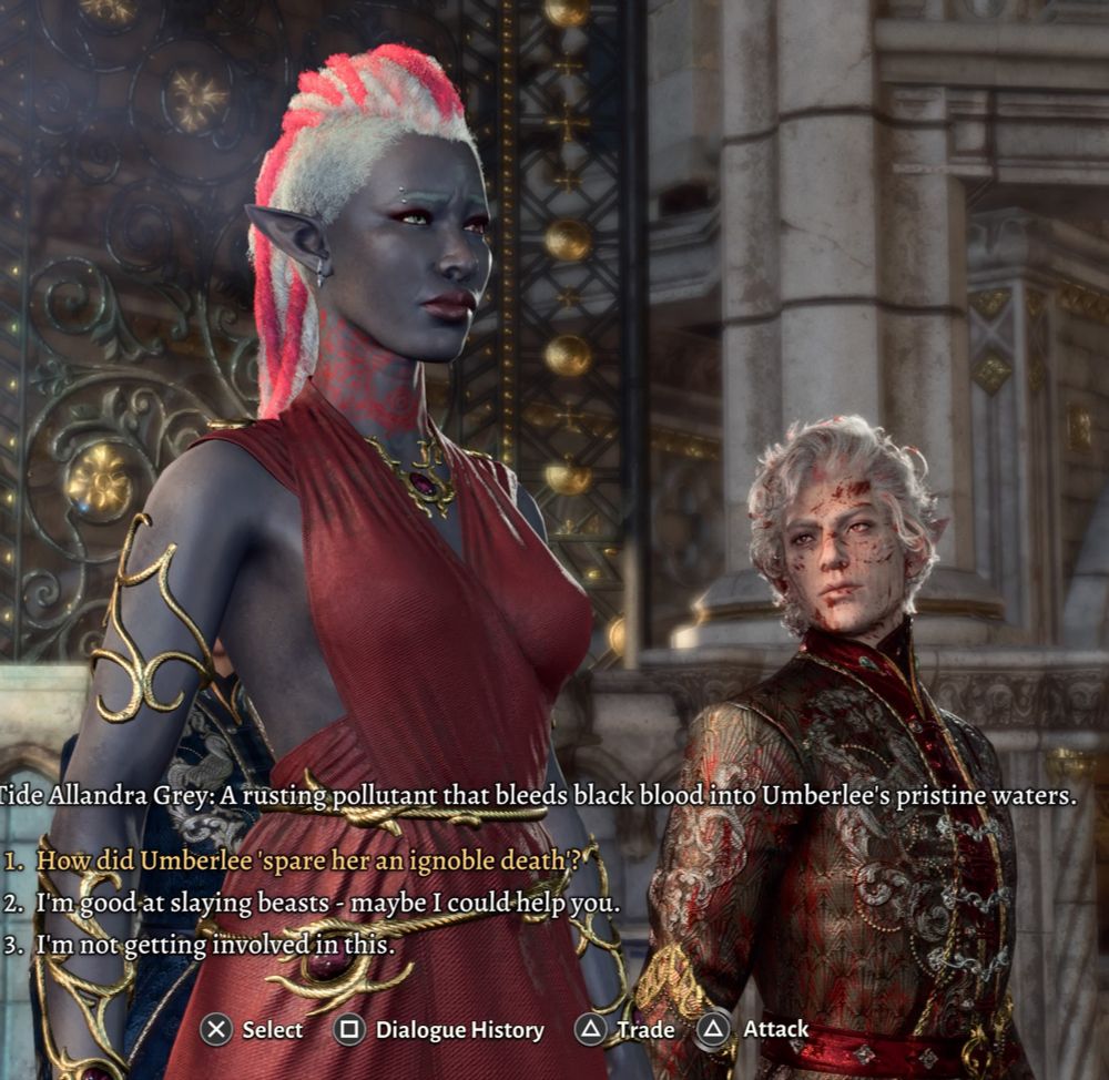 Astarion looking lustfully at my drow in bg3