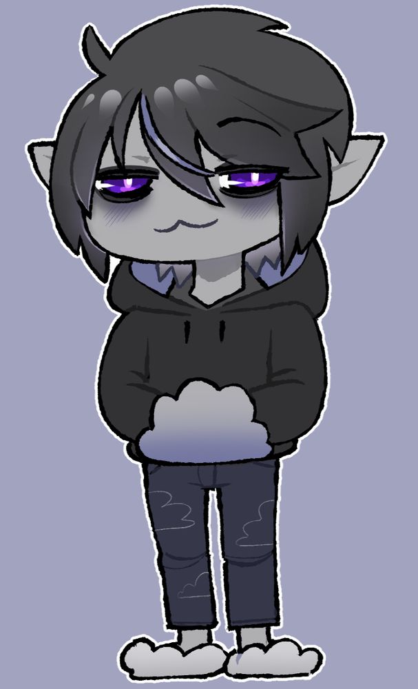 fanart of a vtube model, chibi style. Grey skin, darker grey hair with purple eyes. Cloud themed hoodie and jeans, with cloud crocs lmfao