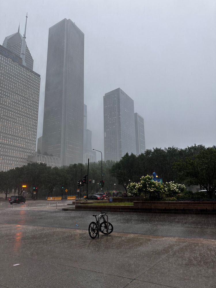 Skyscraper buildings against a lead gray sky with a bicycle in foreground during a downpour.