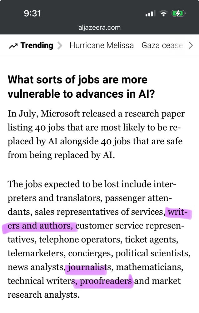 Screenshot from an Al Jazeera article about Amazon layoffs, focusing on a paragraph entitled ‘What sorts of jobs are more vulnerable to advances in AI?’