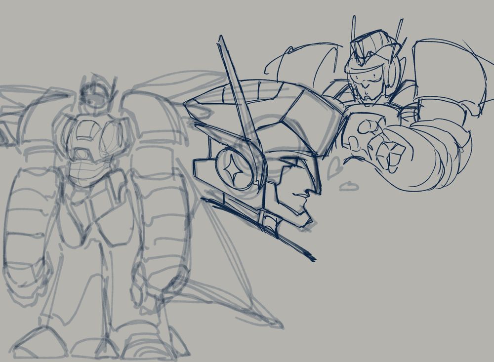 A digital sketch of a Transformers OC, mostly rough and unfinished. The left sketch is of their full body, with long bendy arms, hefty legs, a rounded chassis and a bit of a belly. The middle sketch is a side profile of their helm, with a strong bulwark-like crest and a chin and jaw guard. Their optic looks kind, slightly squinted. The right sketch is of them looking at something, optics like pinpricks under their visor as they hold up a finger in confusion.