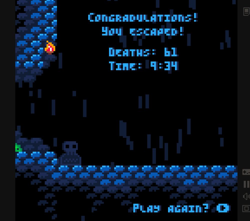 A screenshot of me beating the game in 9:34 with 61 deaths