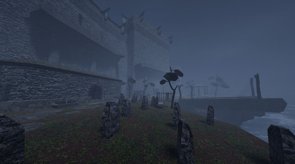 Gravemarkers sits precariously at the edge of a cliff. A large castle wall with green banners shadows the area.