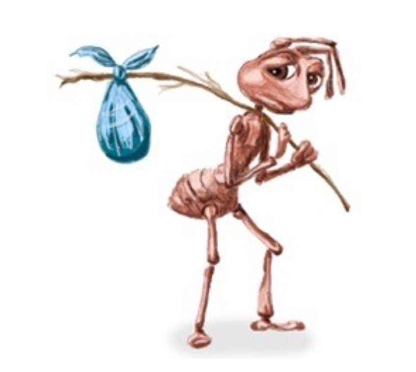 picture of an ant looking sad while carrying a bag on a stick 