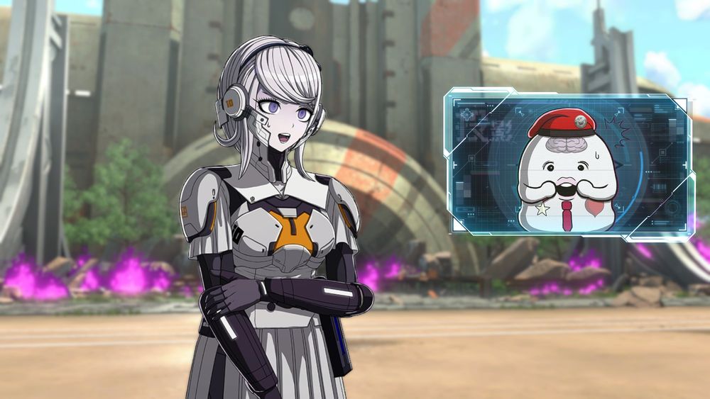 Hundred Line Last Defence Academy. Spoiler Warning. Serial Battles Route. Nozomi Kirifuji with a manic look on her face while Nigou looks on in concern.