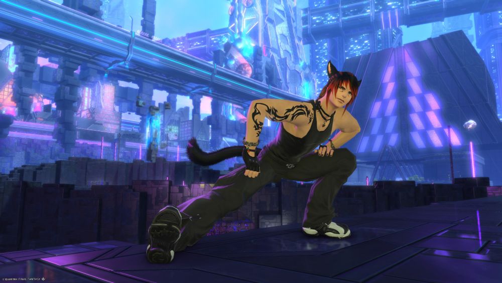 Arcadion Raid Content Outfit:  Caedus is posed stretching in front of a neon, futuristic city backdrop.  He is wearing a black tanktop, baggy black pants and tennis shoes and has a spiky tattoo on his right arm.