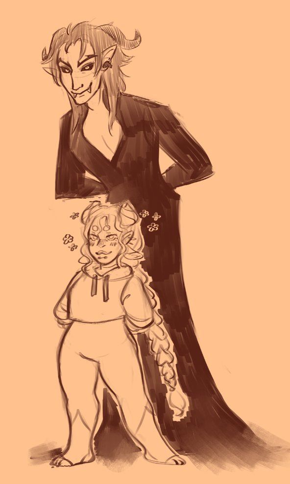 My OC Iskel standing in front of Plumbi's OC Hadeon. Iskel is smaller and looks content, with a smile on her face, blushing cheeks and small flowers around her head. Hadeon is leaning in above her with a sinister and threatening smile. They both have their arms behind their backs and look towards the same point.