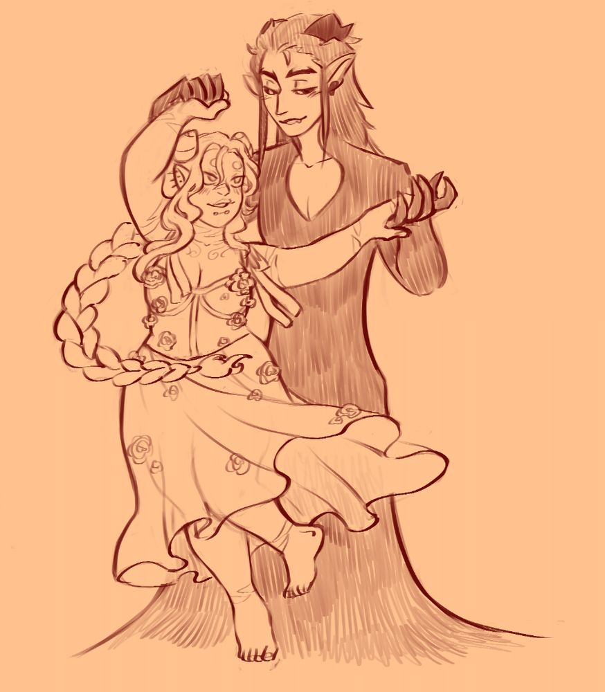 Iskel and Hadeon dancing. Hadeon is making Iskel twirl, holding both of her hands above her head. Iskel has her back towards him and they're tenderly looking at each other. Iskel wears a Teuta Matoshi inspired dress with ribbons on the shoulders and flowers sown on the bustier and skirt. Her long braid is following the motion of her twirling skirt.
