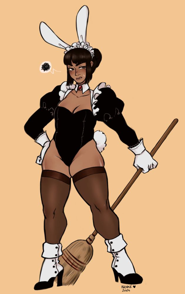 A colored fullbody of my OC Una (she/her). She is wearing a bunny girl costume with elements inspired by her maid uniform. She's holding a broom and looks annoyed and flustered.