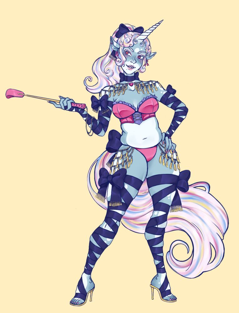 A fullbody colored pic of my OC Amaranthe "Ribbon" de Rohan (she/her). She's a pastel blue-skinned woman with white spots on her limbs, stomach and face, an opalescent unicorn horn and light pink, curly hair and mane with pink, blue and yellow streaks. She wears a cropped hot pink and mauve corset with hot pink panties, golden tassels on her shoulders and hips, high heels and navy blue silk ribbons wrapped with bows around her legs and arms. She's holding a hot pink riding crop and looks to the side with a smile, showing her front tooth gap.