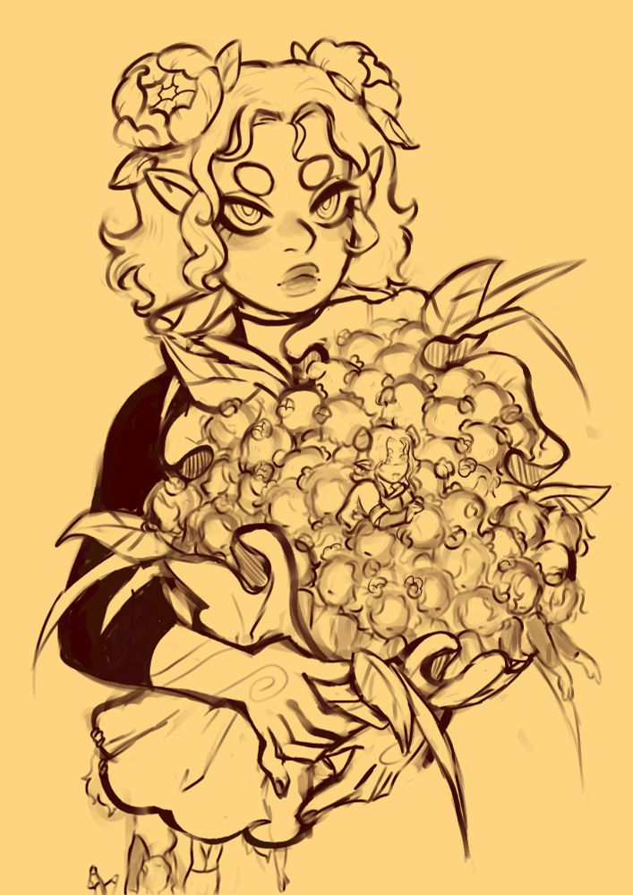 A black and white sketch of my OC Shaoyao (she/her) holding a large bouquet. Instead of flowers, there are many silhouettes of mini Shaoyaos crowded together, with some spilling out the bouquet's wrapping. In the center of the mini Shaoyaos there is a mini Iskel (she/her) looking lost and scared. The normal-sized Shaoyao looks towards the camera with a serious expression. The flowers on her head are blooming : they're peonies.