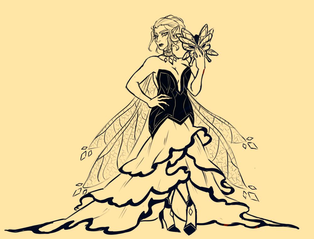 A black and white fullbody pic of my fae OC Hrund (they/them) wearing a long fancy gown mimicking a chrysalis opening. They wear a scarf forming the shapes of dragonfly wings and hold a mask decorated with butterfly and dragonfly wings.