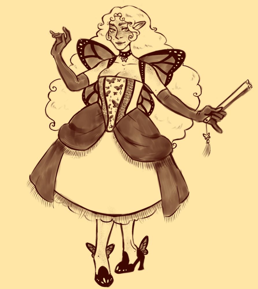 A black and white fullbody pic of my fae OC Siofra (she/her). She wears a calf-length, sleeveless princess gown with long gloves and small butterfly wings attached to her back. She's holding a closed fan with a butterfly charm dangling from it.