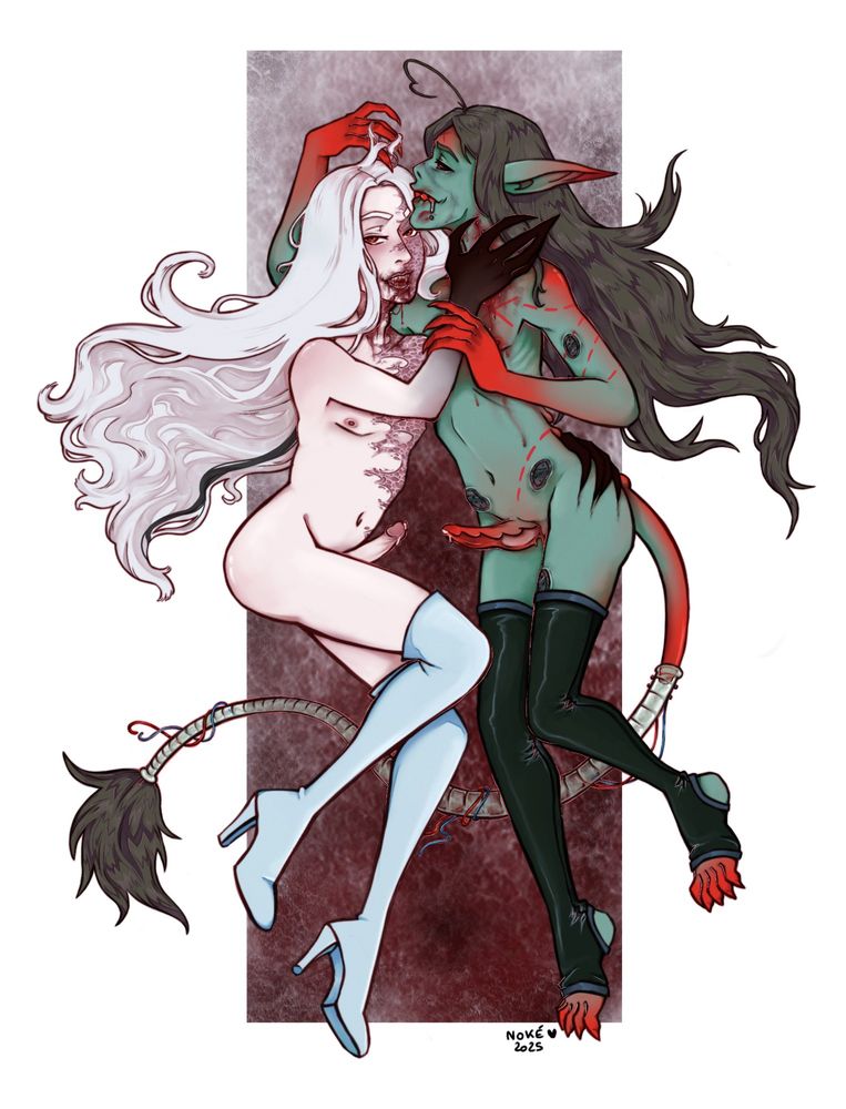 A rendered NSFW painting of Ruwan (left, he/him) and Delphic (right, he/they/it). They're both naked and erect, holding each other close. Ruwan's mouth and Delphic's neck are covered in blood.