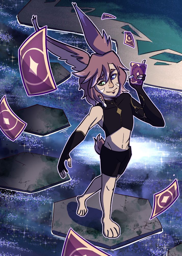 A male viera from final fantasy 14, walking over a water reflected with a starry sky. Cards are scattered throughout the scene.