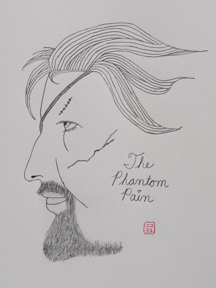 Pencil drawing of Solid Snake with The Phantom Pain written in florid cursive.