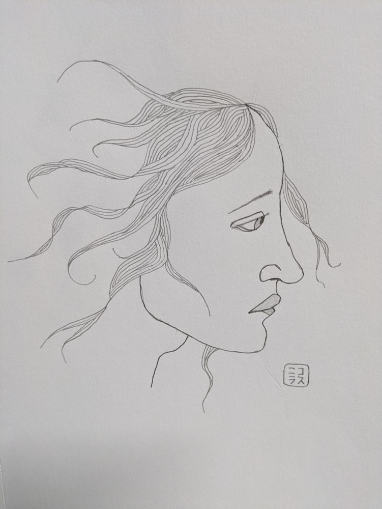 Line art drawing of the angel Gabriel with twisty hair