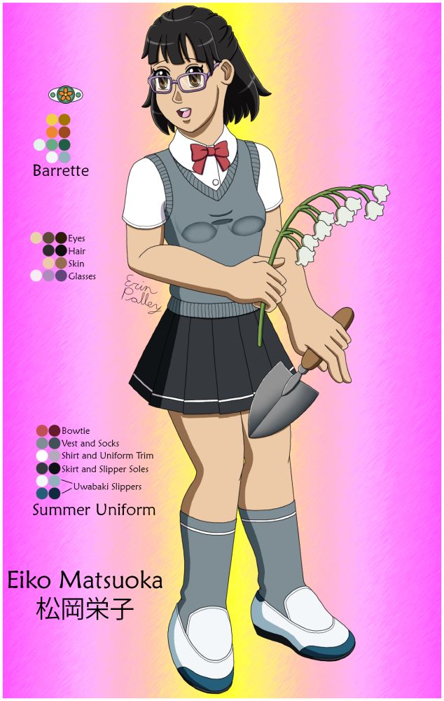 A reference sheet of Eiko Matsuoka, a member of the gardening club and is modeling the girls' summer uniform.
