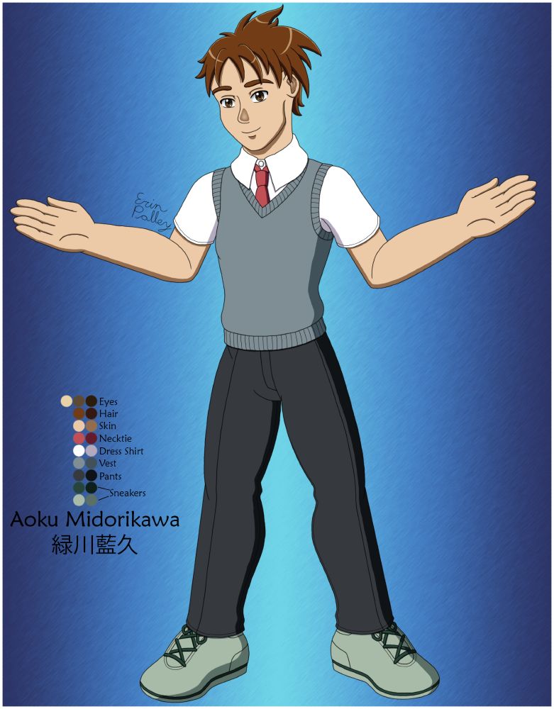 A reference sheet of Aoku Midorikawa, Kiriha's closest friend and he's modeling the boys' summer uniform