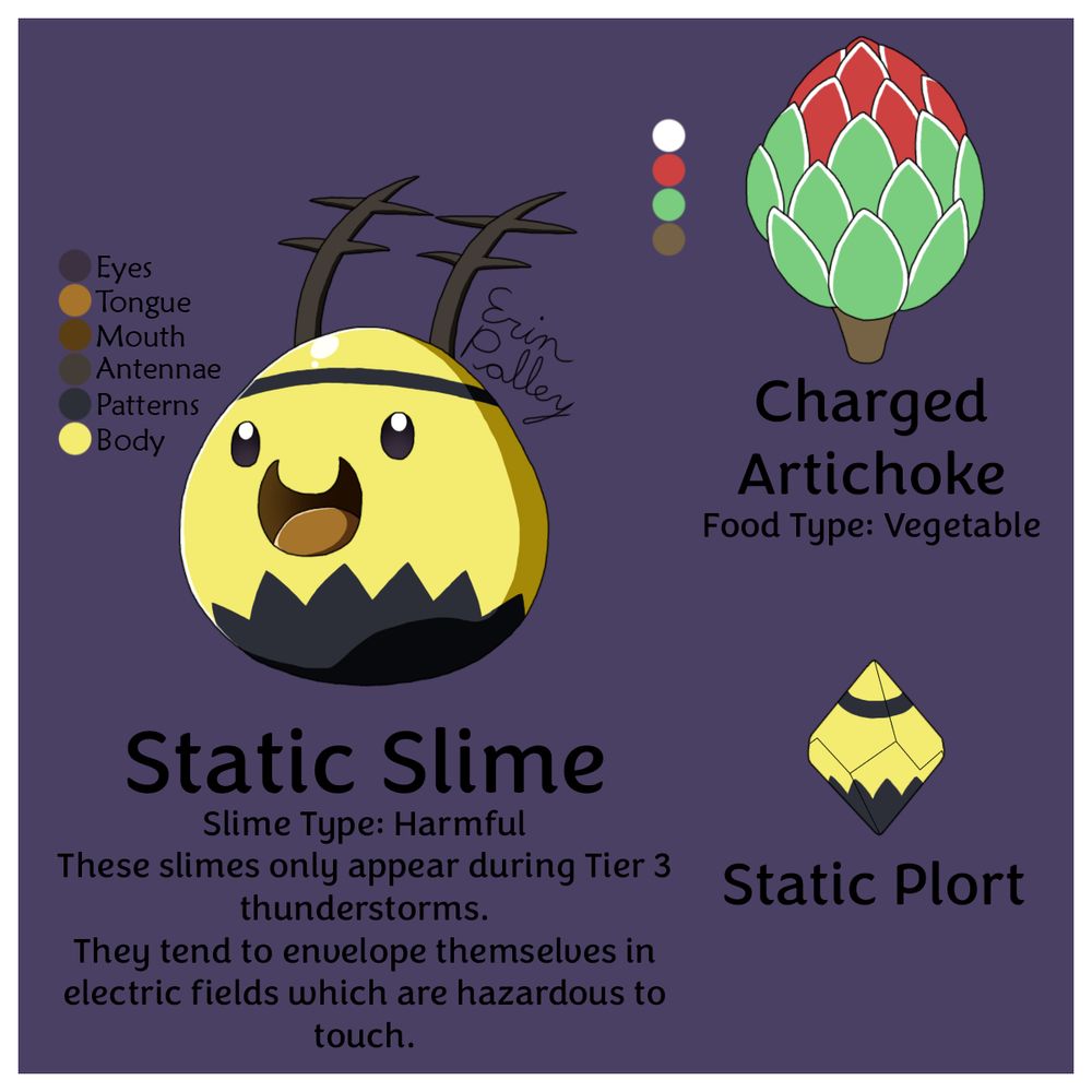 The Static Slime only appears during tier 3 thunderstorms. When agitated, they emit electric fields that can be hazardous to touch. They can conduct lightning with their antennae.