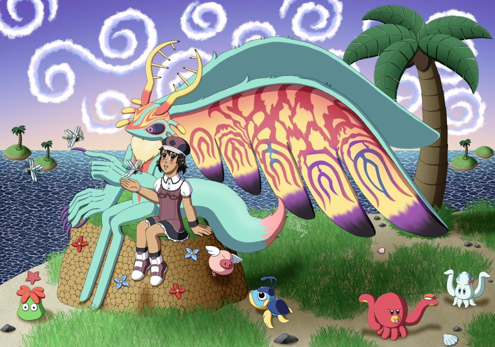 Vesa and Fecto Elfilis are sitting on a raised foliage covered rocky platform at a beach in the Ice Cream Island archipelago observing some dragonflies. All the while, they're surrounded by the frolicking wildlife such as the Glunk, Gip and Walf while a Squishy and a Flotzo fight over a nigiri.