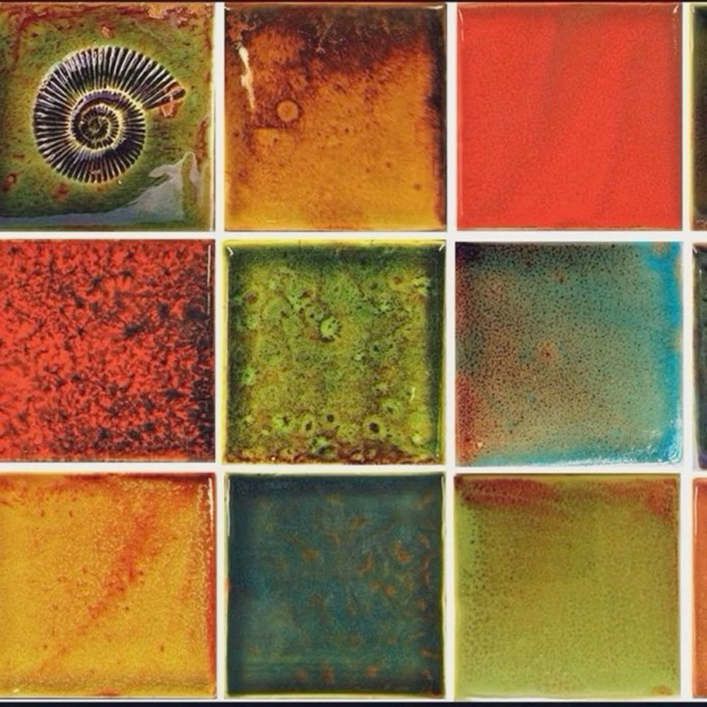 color palette with greens, blues, reds, and yellows, all with a yellow undertone and varying different textures