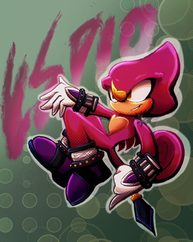 Digital drawing of Espio the Chameleon on a green background 