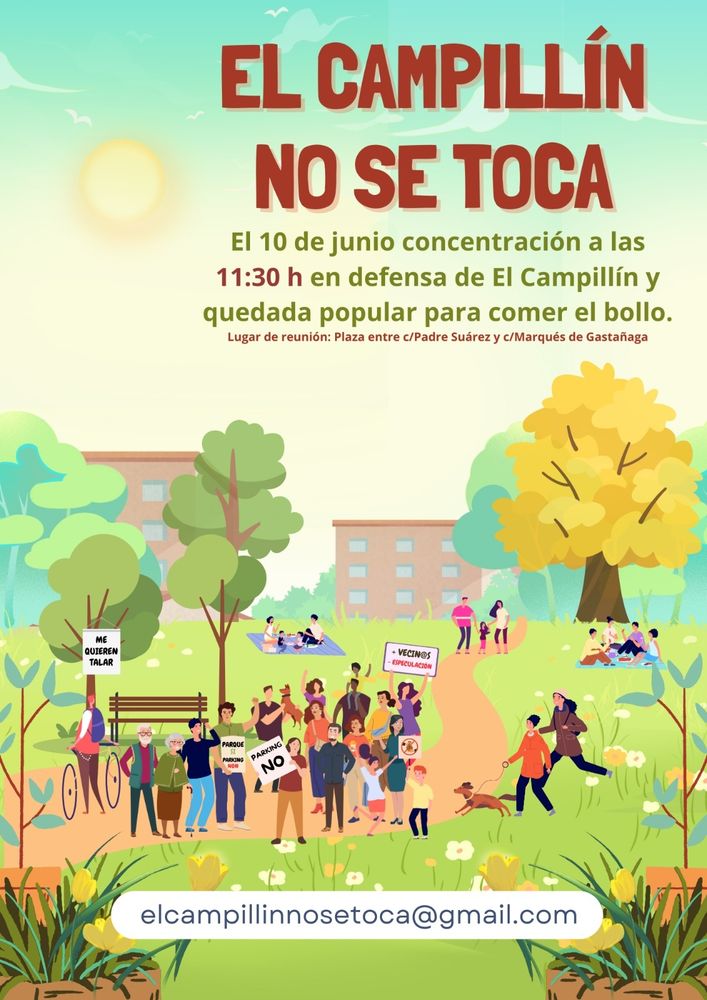 Cartel con la convocatoria de la concentración en defensa de El Campillín. 10 de Junio a las 11:30 para comer el tradicional ballo