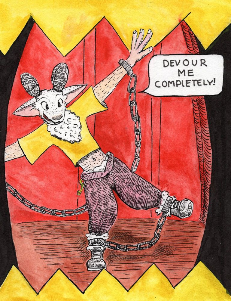 An anthropomorphic sheep wears a cropped shirt. Their hands and legs are chained. Attached to their belt is a key. A speech bubble reads "Devour me completely!"