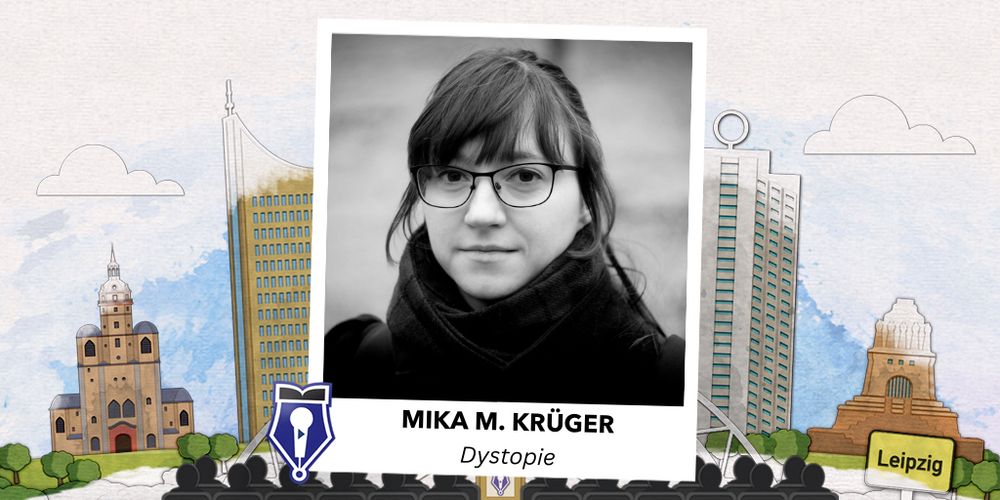 Foto der Autorin auf Hintergrund Leipziger Wahrzeichen