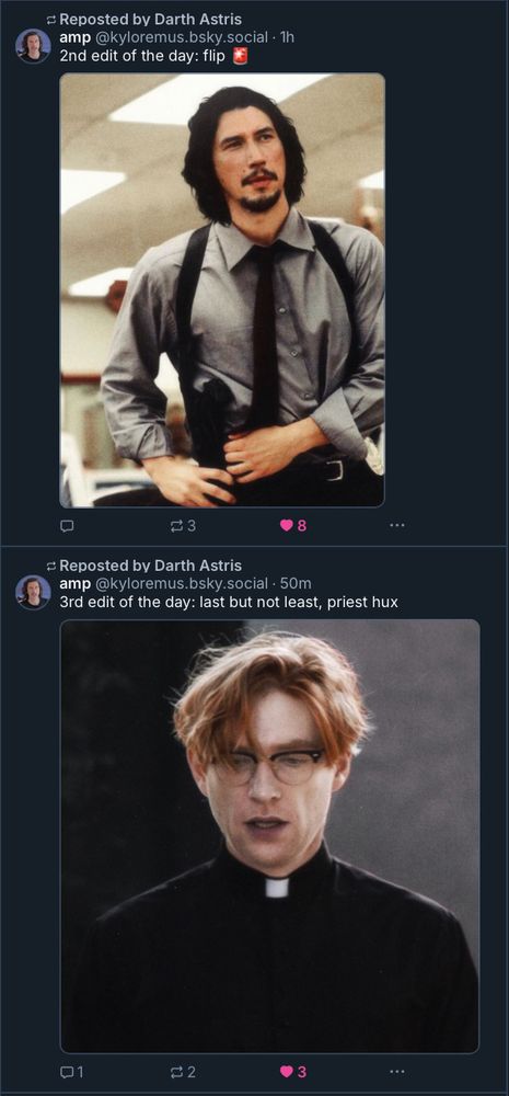 Screenshot of two consecutive posts: Above is an edit of Adam Driver dresses as a police detective wearing a shoulder holster over his shirt and tie. Below is an edit of Domhnall Gleeson dressed as a priest in clerical shirt and collar.

Both edits created by @kyloremus.bsky.social