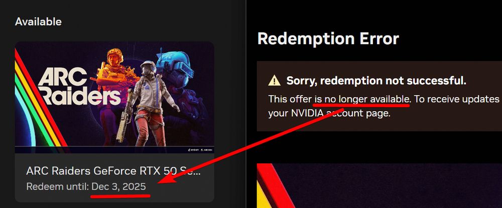 Screenshot of the NVIDIA page showing "Sorry, redemption not successful. The offer is no longer available", despite the the App saying that the game is "Available" and "Redeem until: Dec 3, 2025"