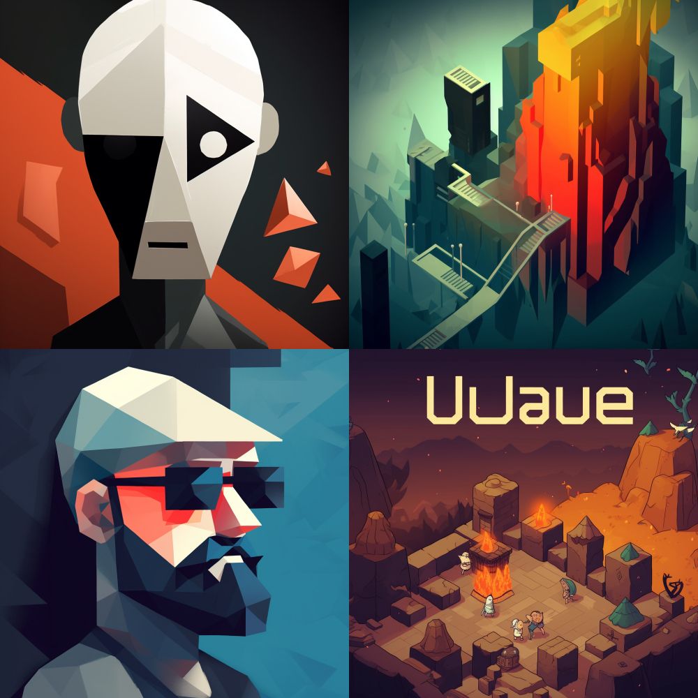 4 square thumbnails, all with pretty much the same color scheme of red and teal. Top left: A minimalist/futurist portrait of a white bald head with a white circle in a black triangle for an eye. Upper right: Some architecture that reminds me strongly of the game Monument Valley. Bottom left: A low poly portrait of a man with a cap, black shades and a full black beard. Bottom Right: Something that looks like a screenshot of an isometric strategy game with the word "Wave" or "Uuaue" on top of it.