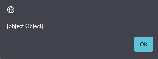 Screenshot of a real website's JS pop-up  reading [object Object] with an OK button