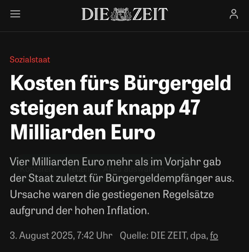 Zeit online Artikel mit der Überschrift
"Kosten fürs Bürgergeld steigen auf knapp 47 Milliarden Euro"