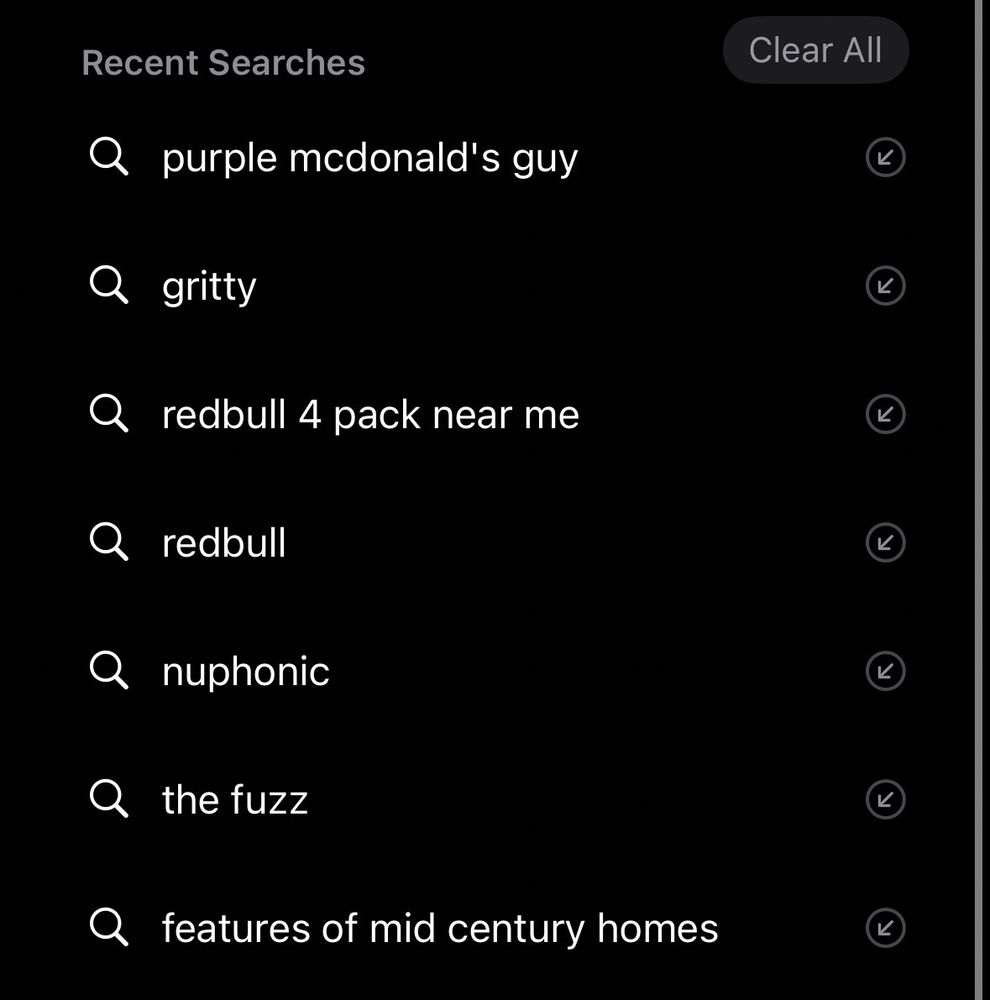a screenshot of recent web searches. from top to bottom: purple mcdonald’s guy, gritty, redbull 4 pack near me, redbull, nuphonic, the fuzz, features of mid century homes