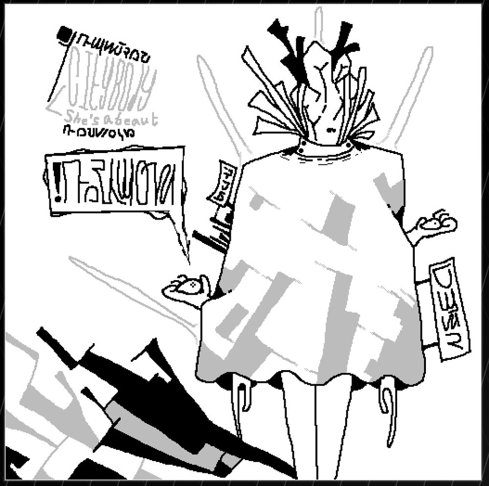 Monochrome art of a geometric figure with strange text in multiple scripts.