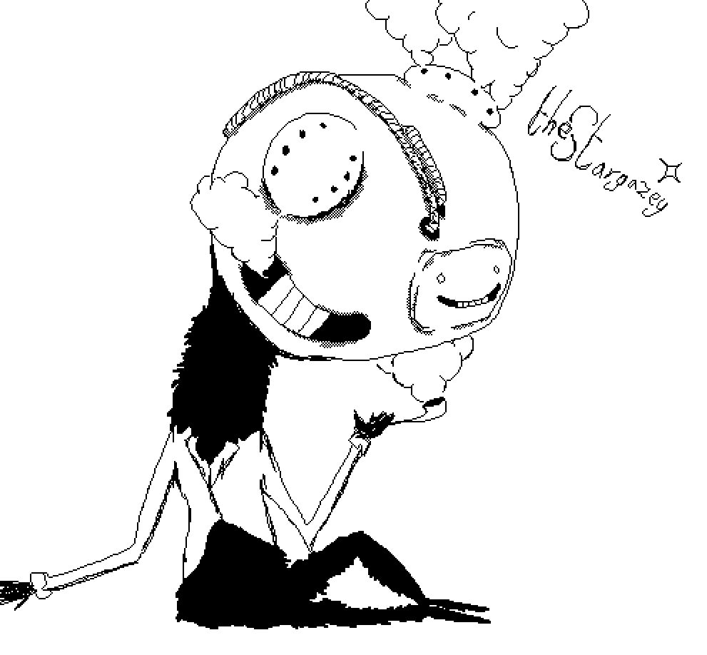 Monochrome art of a black fluffy creature with a large steaming head called the Stargazey.