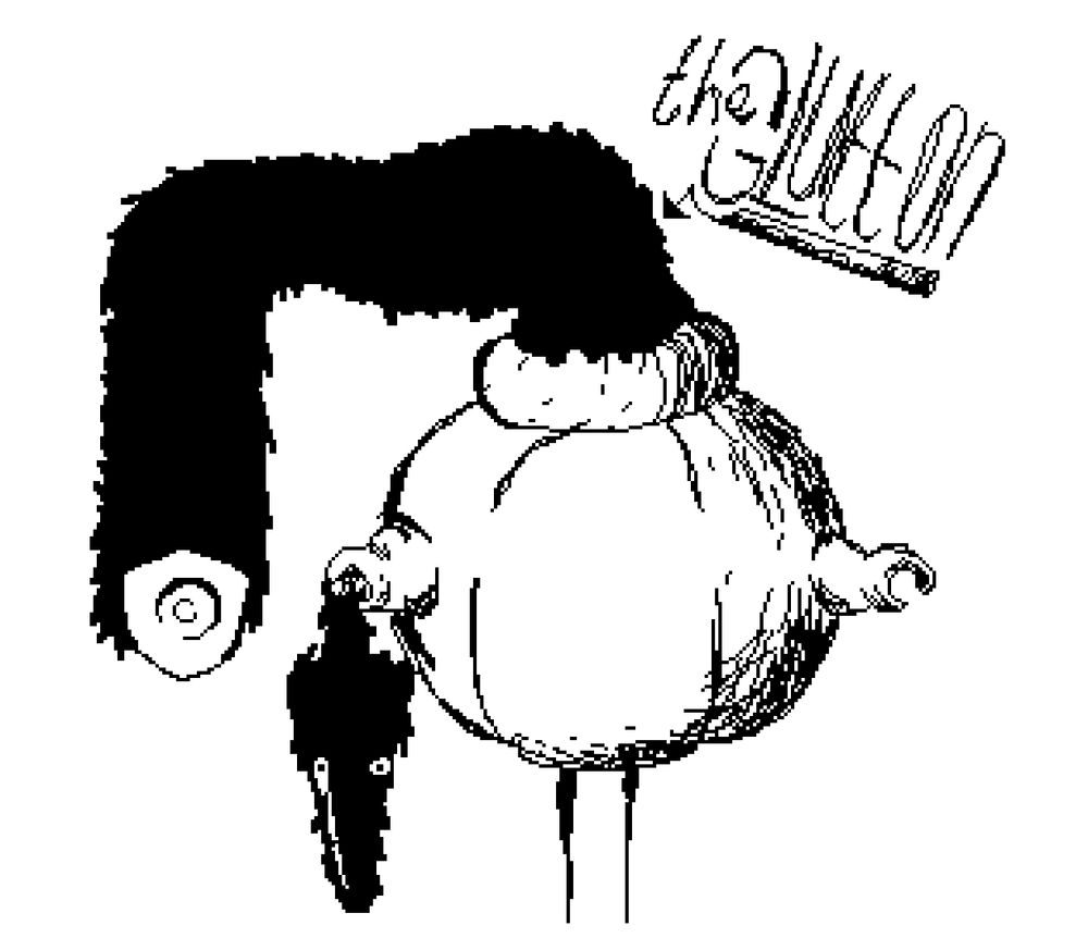 Monochrome art of a black fluffy creature protruding from an orb called The Glutton.