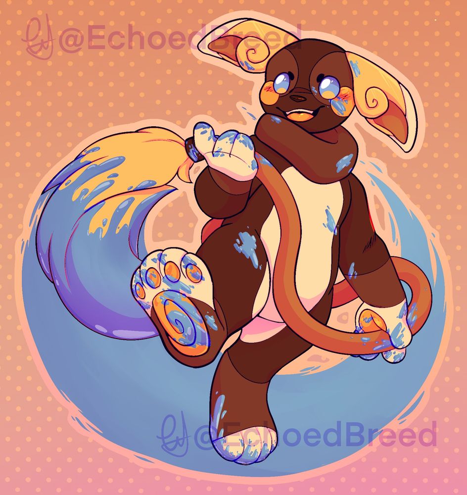 A splash art type drawing of a pokemon hybrid of a Alolan Raichu and a Smeargle, with a big paint smear behind them and a very energetic playful pose