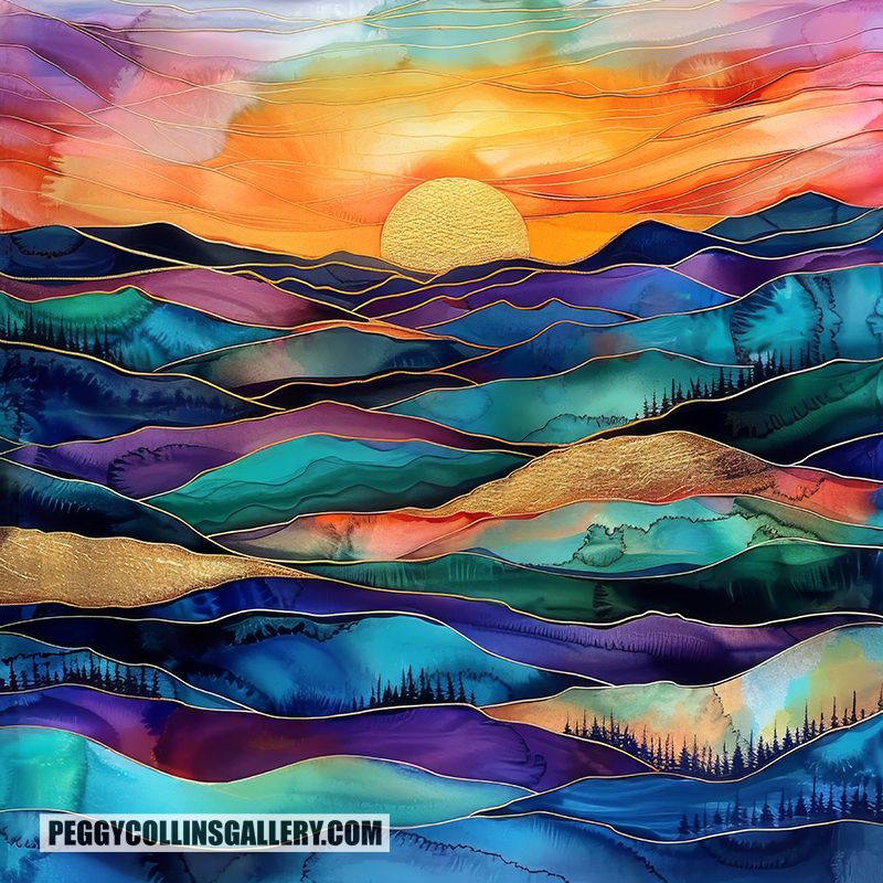 Colorful artwork of rolling hills and mountains with a golden sunset and a sky ablaze with color, by artist Peggy Collins.