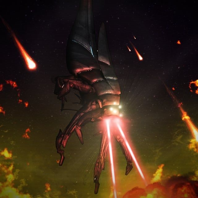 A Mass Effect reaper shooting at stuff. 

A large, biomechanical alien ship is depicted descending from the sky in a dramatic sci-fi scene. The ship has an insect-like design with long appendages and emits intense red energy beams toward a fiery, burning landscape below. The background is filled with meteor-like projectiles streaking through a dark, smoky sky.
