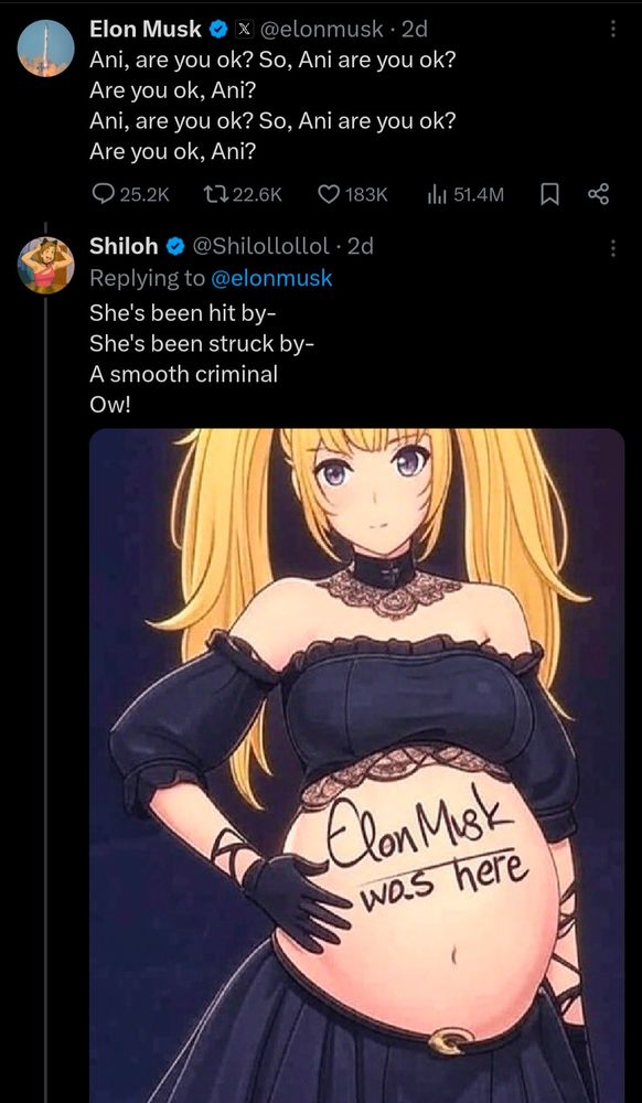 A Twitter post by Elon Musk features lyrics from Michael Jackson's song "Smooth Criminal" with the name "Ani" repeated. A reply from another user continues the lyrics and includes an anime-style image of a blonde woman in a black gothic dress exposing her pregnant belly. Written across the belly are the words “Elon Musk was here.” The text of the reply continues the song saying she's been hit by a smooth criminal.