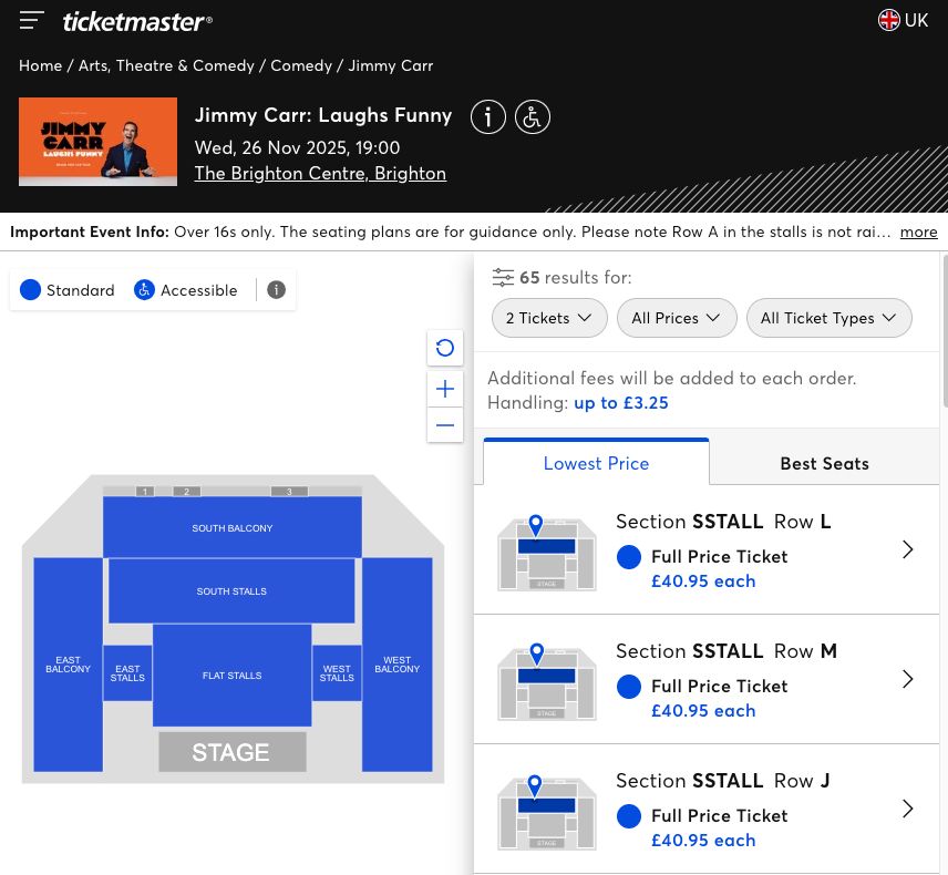 ticketmaster site for Jimmy Carr in Brighton, showing a minimum cost of 41 pounds